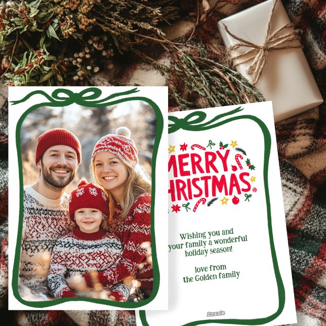 Feliz PERSONALIZADO de Navidad (Merry Christmas Hand-Drawn Bow Frame CUSTOM PHOTO Holiday Card
)