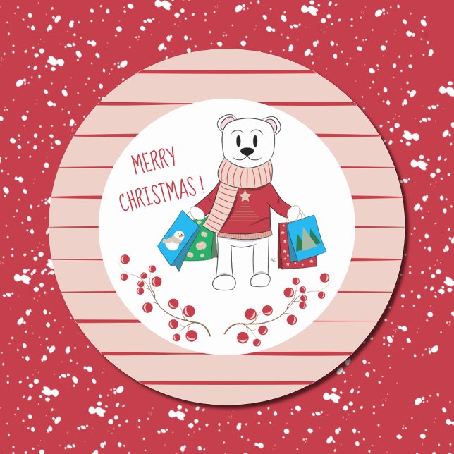 Feliz Personalizado navideño Polar Bear Pegatinas (Subido por el creador)