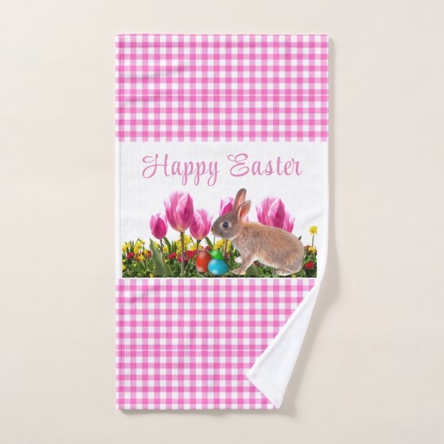 Feliz Pink Gingham de Pascua con conejo conejo con (Toalla de mano)