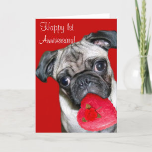 Feliz primer aniversario pug tarjeta de saludo