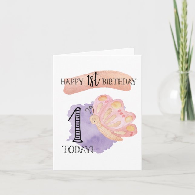 Feliz primer cumpleaños 1 hoy tarjeta mariposa (Anverso)