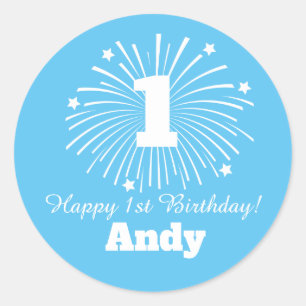 Feliz primer cumpleaños a pegatinas con nombre de