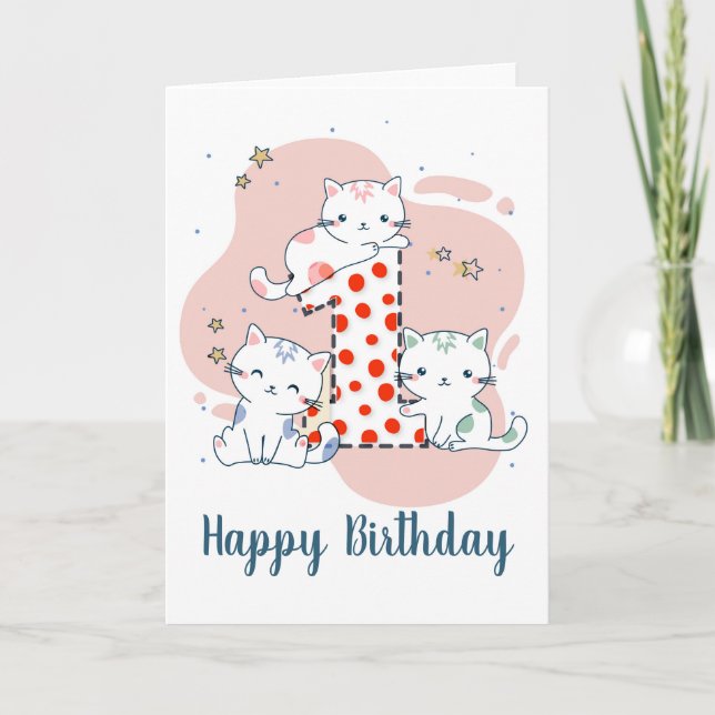 Feliz primer cumpleaños lindo gatito tarjeta de sa (Anverso)