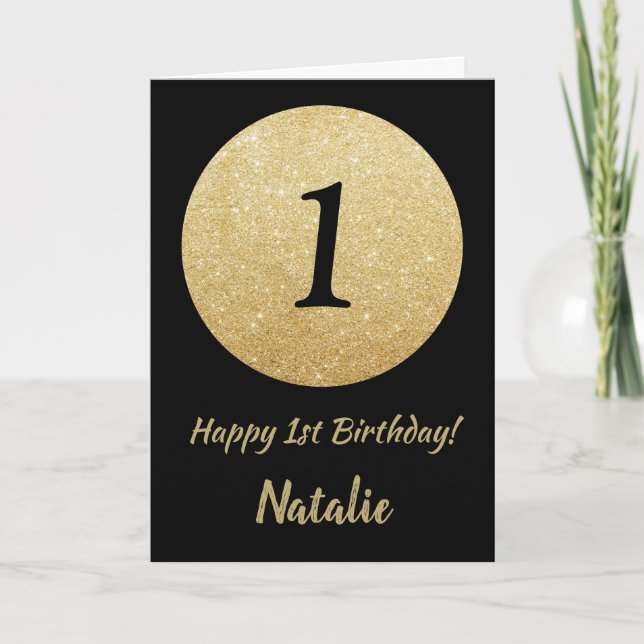 Feliz primer cumpleaños tarjeta de Purpurina de or (Anverso)