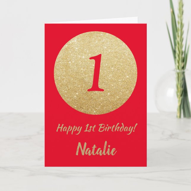 Feliz primer cumpleaños, tarjeta Purpurina roja y  (Anverso)