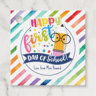 Feliz primer día de clase con la etiqueta de regal