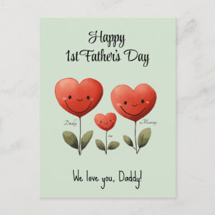 Feliz primer día del padre, tarjeta de bebé y mamá
