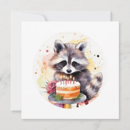 Feliz Raccoon con pastel de cumpleaños