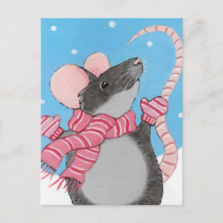 Feliz ratón en postal festiva de nieve