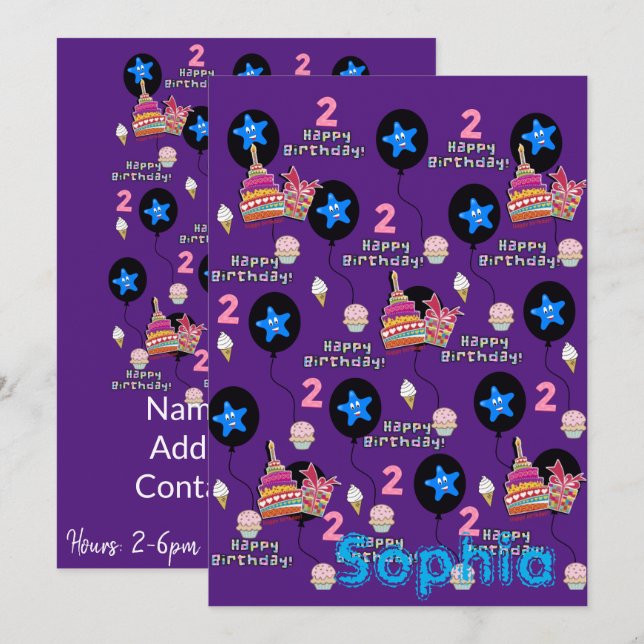 Feliz segunda invitación de cumpleaños #2 púrpura (Anverso / Reverso)