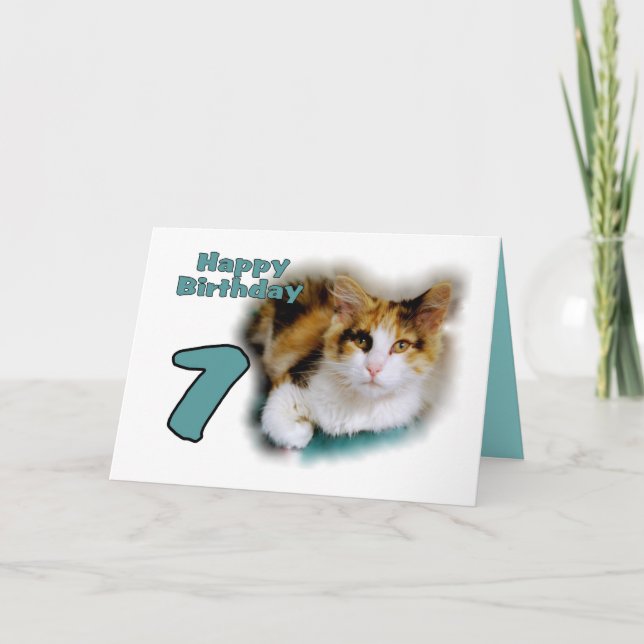 Feliz sétimo cumpleaños tarjeta de gato de Calico (Anverso)