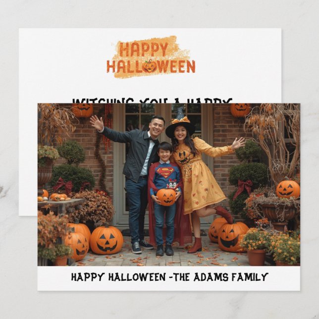 Feliz tarjeta de fotos de la familia de Halloween, (Anverso / Reverso)