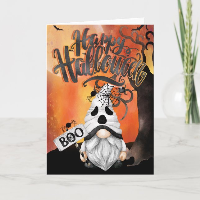 Feliz tarjeta de Halloween Gnomo Fantasma Boo (Anverso)
