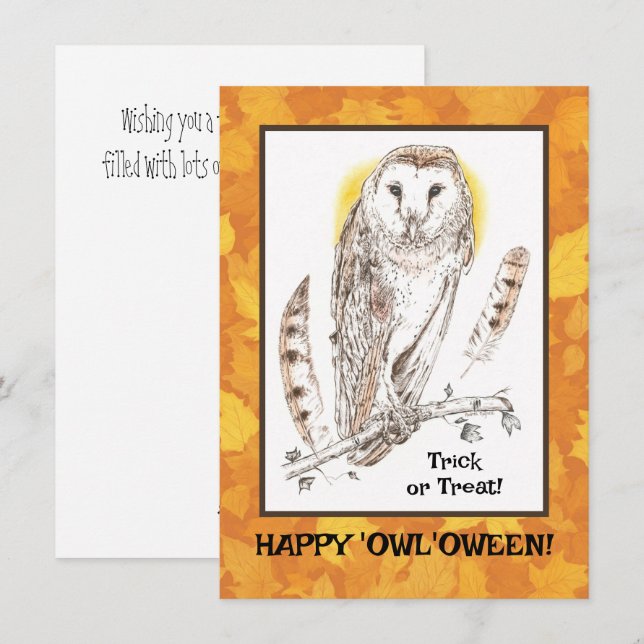 Feliz tarjeta de halloween plana "Owl'oween (Anverso / Reverso)