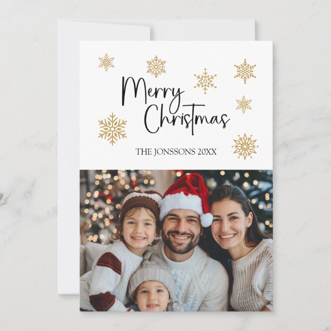 Feliz tarjeta de Navidad con foto y copos de nieve (Anverso)