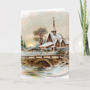 Feliz tarjeta de Navidad con iglesia vintage en in