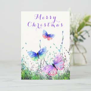 Feliz tarjeta de Navidad con mariposas disfrutando