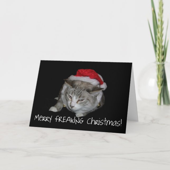 Feliz tarjeta de Navidad gorda Freaking del gato (Anverso)