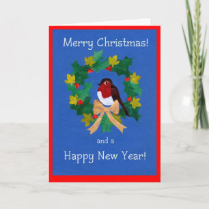 Feliz tarjeta de Navidad, Robin, Holly, Ivy Wreath