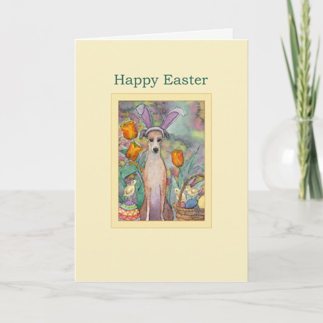 Feliz tarjeta de Pascua, Greyhound en orejas de co (Anverso)