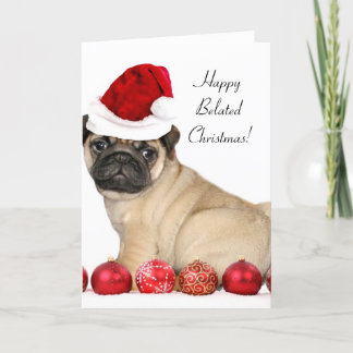 Feliz tarjeta de saludo de perro de pug de Navidad