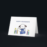 Feliz tarjeta Hanukkah Tarjeta de felicitación de<br><div class="desc">Desear a amigos y familia Feliz Hanukkah con este colorido ilustracion de un perro adorable sosteniendo una caja de regalo.</div>