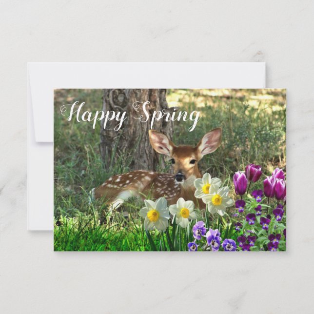 Feliz tarjeta plana de primavera con ciervos y tul (Anverso)
