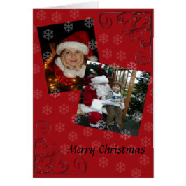 Feliz tarjeta roja de Navidad con niño y santa