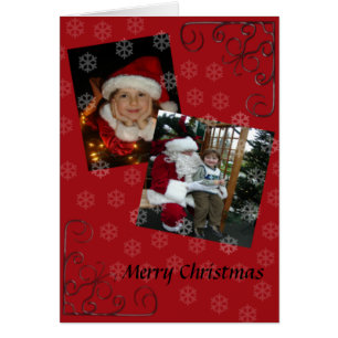 Feliz tarjeta roja de Navidad con niño y santa
