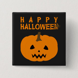 Feliz texto de Halloween y calabaza en botón negr