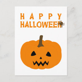Feliz texto de Halloween y calabaza en postal blan