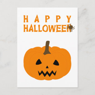 Feliz texto de Halloween y calabaza en postal blan