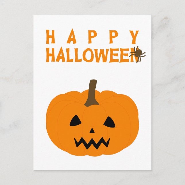 Feliz texto de Halloween y calabaza en postal blan (Anverso)