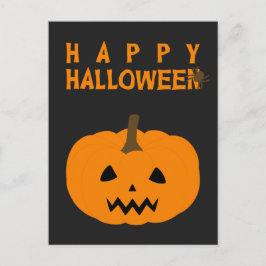 Feliz texto de Halloween y calabaza en postal negr