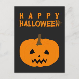 Feliz texto de Halloween y calabaza en postal negr
