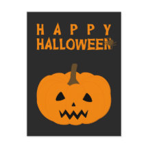 Feliz texto de Halloween y calabaza en postal negr