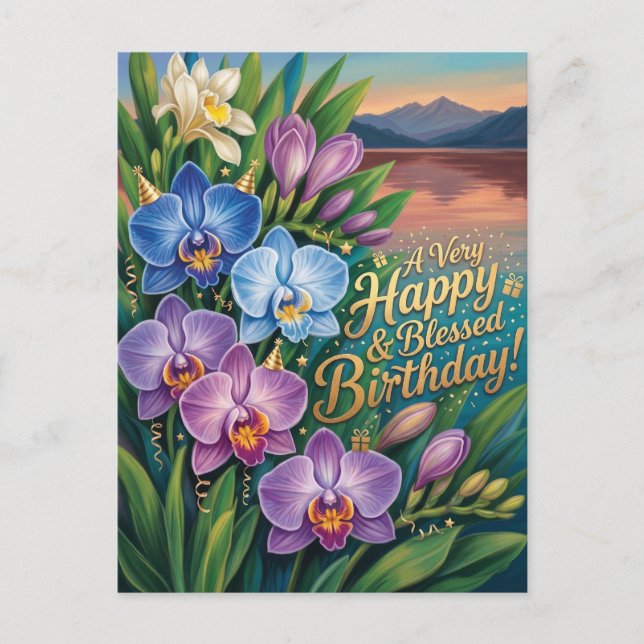 Feliz y Bendito Cumpleaños Tarjeta de Orquídeas (Anverso)