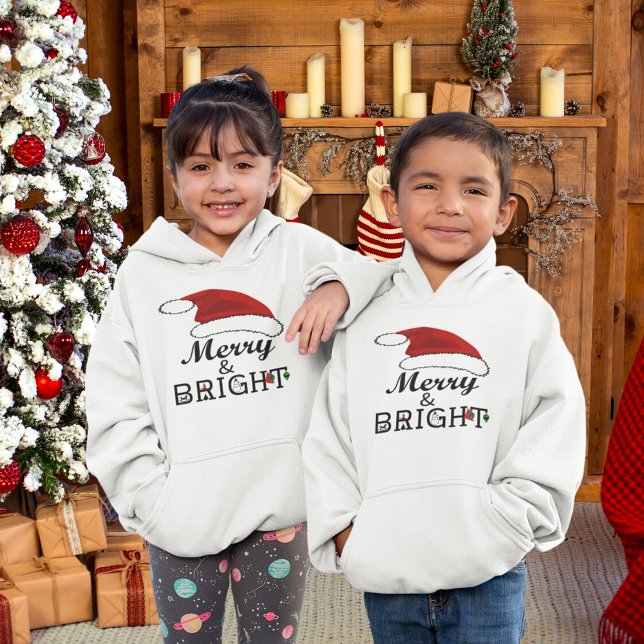 Feliz y brillante con niños Navidades de Santa Hat (Merry & Bright with Santa Hat Christmas Kids Hoodie)