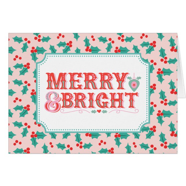 Feliz y brillante | Rosa retro y Holly rojo (Anverso (Horizontal))