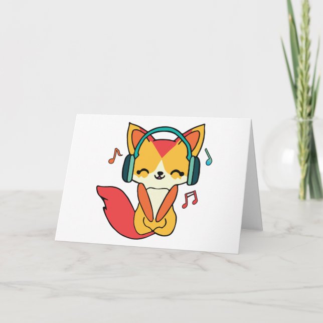 Feliz zorro con auriculares escuchando música. (Anverso)