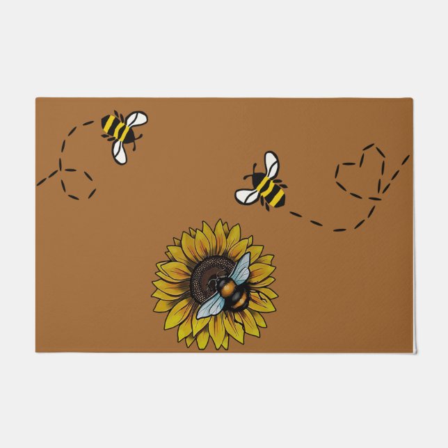 Felpudo Abeja Adorable Volando Alrededor Del Girasol (Anverso)
