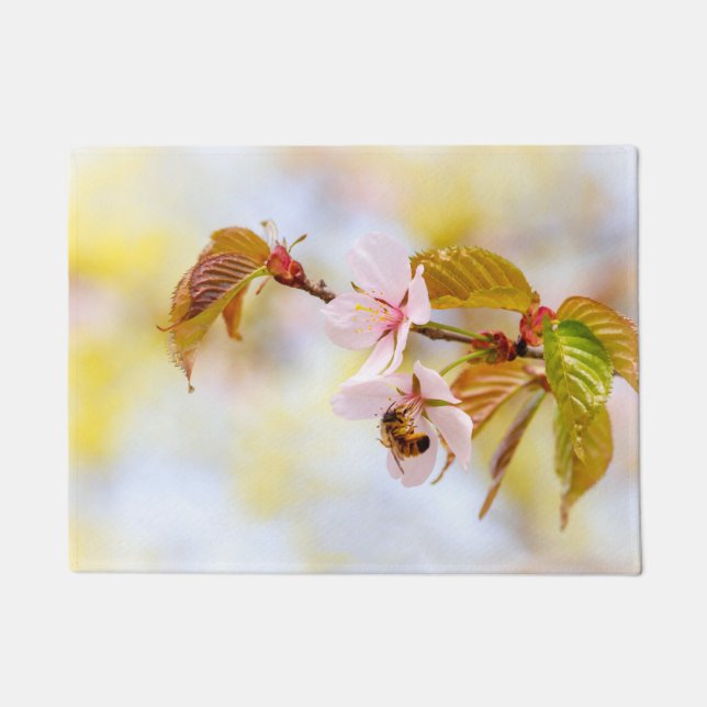 Felpudo Abeja En Una Flor De Cerezo (Anverso)