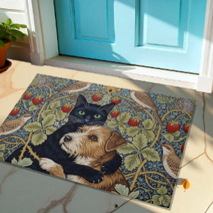 Felpudo Abrazo negro de gato y perro, floral nuevo arte vi