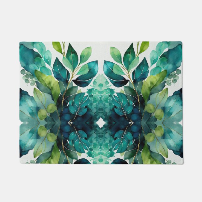 Felpudo Abstracto Turquesa, Verde, Esmeralda, Botánico (Anverso)