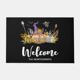 Felpudo Acogedora casa de calabaza con bienvenida de fanta