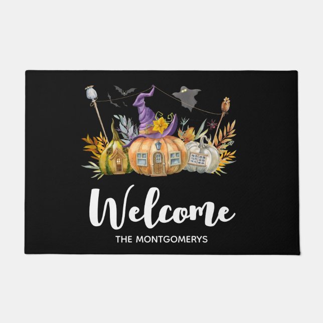 Felpudo Acogedora casa de calabaza con bienvenida de fanta (Anverso)