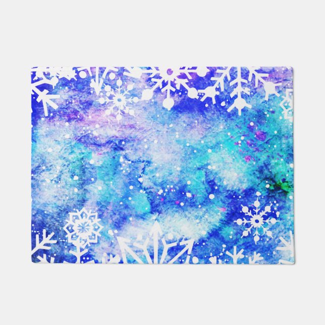 Felpudo Acuarela azul del copo de nieve (Anverso)