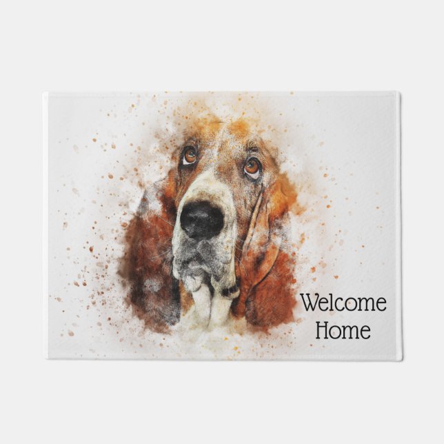 Felpudo Acuarela de moda Basset Hound personalizado (Anverso)