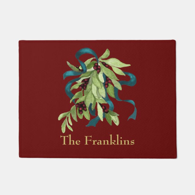 Felpudo Acuarela de vacaciones MistletoRed Berries Azul Ve (Anverso)