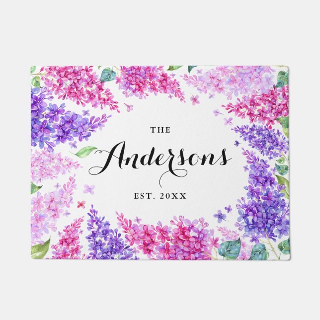 Felpudo Acuarela Lilac Wreath Nombre personalizado Doormat (Anverso)